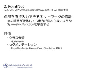 2. PointNet
[C. R. Qi+, CVPR2017, arXiv:1612.00593, 2016-12-02] 担当: 千葉
点群を直接入力できるネットワークの設計
点の順番が変化しても出力が変わらないような
Symmetric Functionを学習する
評価
• クラス分類
ModelNet40
• セグメンテーション
ShapeNet-Part (+ Blensor Kinect Simulator), S3DIS
 