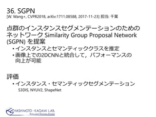 36. SGPN
[W. Wang+, CVPR2018, arXiv:1711.08588, 2017-11-23] 担当: 千葉
点群のインスタンスセグメンテーションのための
ネットワーク Similarity Group Proposal Network
(SGPN) を提案
• インスタンスとセマンティッククラスを推定
• 画像上での2DCNNと統合して，パフォーマンスの
向上が可能
評価
• インスタンス・セマンティックセグメンテーション
S3DIS, NYUV2, ShapeNet
 
