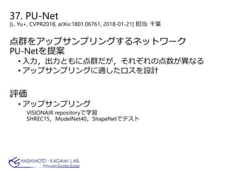 37. PU-Net
[L. Yu+, CVPR2018, arXiv:1801.06761, 2018-01-21] 担当: 千葉
点群をアップサンプリングするネットワーク
PU-Netを提案
• 入力，出力ともに点群だが，それぞれの点数が異なる
• アップサンプリングに適したロスを設計
評価
• アップサンプリング
VISIONAIR repositoryで学習
SHREC15，ModelNet40，ShapeNetでテスト
 