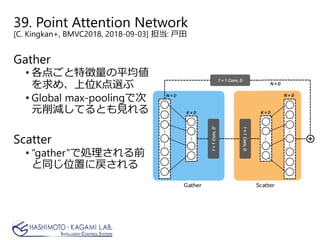 39. Point Attention Network
[C. Kingkan+, BMVC2018, 2018-09-03] 担当: 戸田
Gather
• 各点ごと特徴量の平均値
を求め、上位K点選ぶ
• Global max-poolingで次
元削減してるとも見れる
Scatter
• “gather”で処理される前
と同じ位置に戻される
 