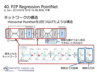 40. P2P Regression PointNet
[L. Ge+, ECCV2018, 2018-10-08] 担当: 千葉
ネットワークの構造
Hierarchal PointNetを2回つなげたような構造
関節位置がうまく統合
できないときの出力
基本となる
ネットワーク
関節までの距離 関節の方向
 