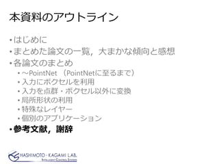 本資料のアウトライン
•はじめに
•まとめた論文の一覧，大まかな傾向と感想
•各論文のまとめ
• ～PointNet （PointNetに至るまで）
• 入力にボクセルを利用
• 入力を点群・ボクセル以外に変換
• 局所形状の利用
• 特殊なレイヤー
• 個別のアプリケーション
•参考文献，謝辞
 