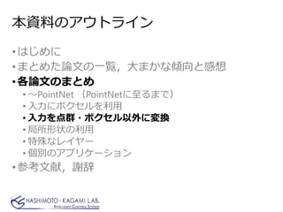 本資料のアウトライン
•はじめに
•まとめた論文の一覧，大まかな傾向と感想
•各論文のまとめ
• ～PointNet （PointNetに至るまで）
• 入力にボクセルを利用
• 入力を点群・ボクセル以外に変換
• 局所形状の利用
• 特殊なレイヤー
• 個別のアプリケーション
•参考文献，謝辞
 