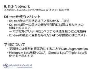 Kd-treeを使うメリット
• Kd-tree自体が形状記述子と見なせる → 後述
• Kd-treeは同一の深さの層が空間的には異なる大きさの
領域を担当する
→ ボクセルグリッドに比べうまく構造を拾うことを期待
• Kd-treeの構造に変動を与えないような摂動にはロバスト
学習について
• 学習時には分割を確率的にすることでData Augmentation
• Histogram Lossを使ったが，Siamese LossやTriplet Lossも
使えると思われる
9. Kd-Network
[R. Klokov+, ICCV2017, arXiv:1704.01222, 2018-04-04] 担当: 千葉
 