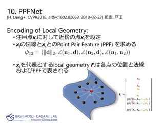 Encoding of Local Geometry:
• 注目点xrに対して近傍の点xiを設定
• xiの法線とxrとのPoint Pair Feature (PPF) を求める
• xrを代表とするlocal geometry Frは各点の位置と法線
およびPPFで表される
10. PPFNet
[H. Deng+, CVPR2018, arXiv:1802.02669, 2018-02-23] 担当: 戸田
 
