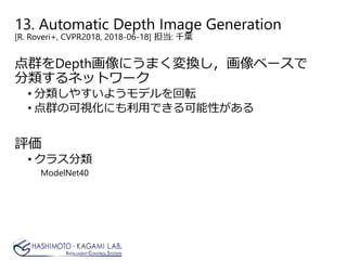 13. Automatic Depth Image Generation
[R. Roveri+, CVPR2018, 2018-06-18] 担当: 千葉
点群をDepth画像にうまく変換し，画像ベースで
分類するネットワーク
• 分類しやすいようモデルを回転
• 点群の可視化にも利用できる可能性がある
評価
• クラス分類
ModelNet40
 
