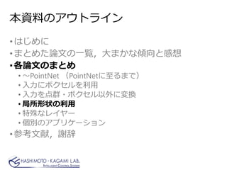 本資料のアウトライン
•はじめに
•まとめた論文の一覧，大まかな傾向と感想
•各論文のまとめ
• ～PointNet （PointNetに至るまで）
• 入力にボクセルを利用
• 入力を点群・ボクセル以外に変換
• 局所形状の利用
• 特殊なレイヤー
• 個別のアプリケーション
•参考文献，謝辞
 