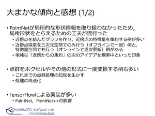 大まかな傾向と感想 (1/2)
• PointNetが局所的な形状情報を取り扱わなかったため，
局所形状をとらえるための工夫が流行った
• 近傍点を結んだグラフを作り，近傍点の特徴量を集約する例が多い
• 近傍点探索を三次元空間でのみ行う（オフラインで一回）例と，
特徴量空間でも行う（オンラインで逐次更新）例がある
• 単純な「近傍からの集約」の次のアイデアを模索中といった印象
• 点群をボクセルやその他の形式に一度変換する例も多い
• これまでの点群処理の知見を生かす
• 処理の高速化
• TensorFlowによる実装が多い
• PointNet，PointNet++の影響
 