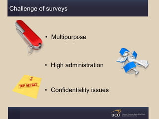 • Multipurpose
Challenge of surveys
• Confidentiality issues
• High administration
 