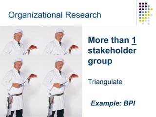 Organizational Research

                   More than 1
                   stakeholder
                   group

                   Triangulate


                    Example: BPI
 