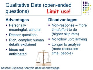 Qualitative Data (open-ended
   questions)         Limit use!
   Advantages                     Disadvantages
    Personally                    Non-response – more
     meaningful, cultural           time/effort to do
    Deeper questions               (higher skip rate)
    Rich, complex human           No follow up/clarifying
     details explained             Longer to analyze
    Ideas not                      (more resources –
     anticipated                    time, people)



Source: Business Analysis Book of Knowledge
 
