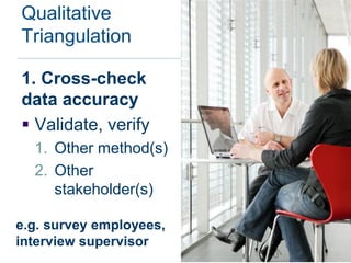 Qualitative
Triangulation

1. Cross-check
data accuracy
 Validate, verify
  1. Other method(s)
  2. Other
     stakeholder(s)

e.g. survey employees,
interview supervisor
 