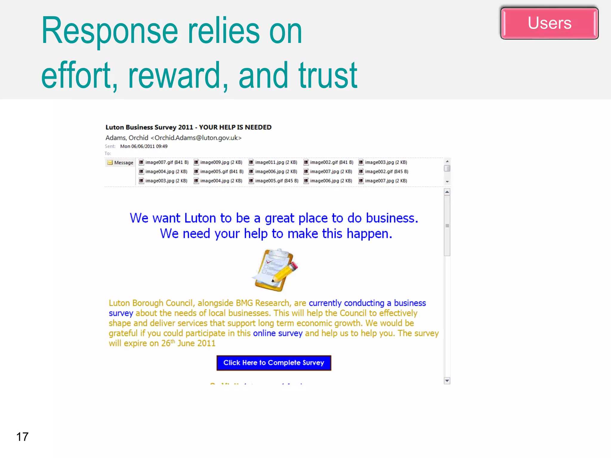 Response relies on
effort, reward, and trust
17
Users
 