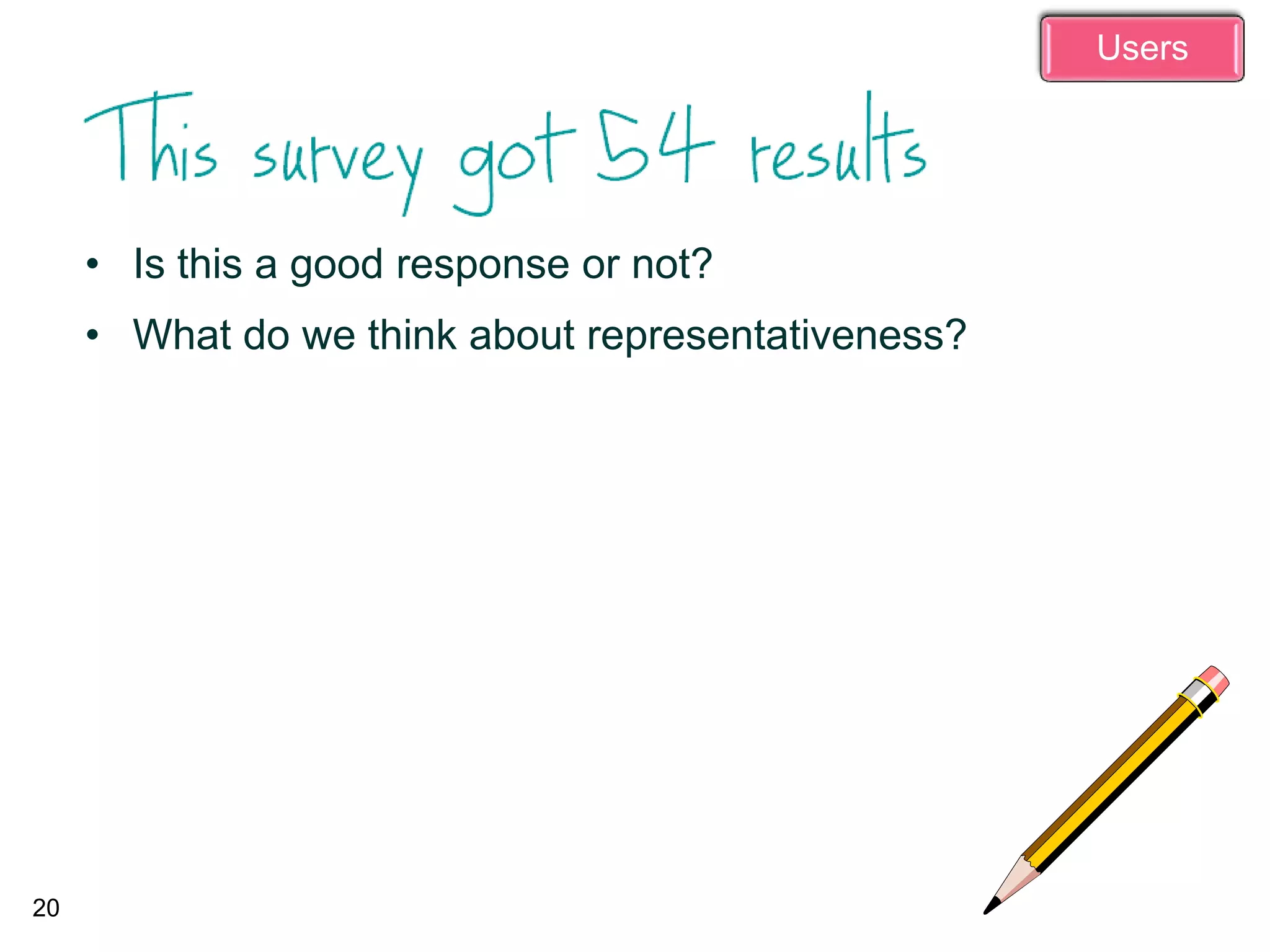 • Is this a good response or not?
• What do we think about representativeness?
20
Users
 