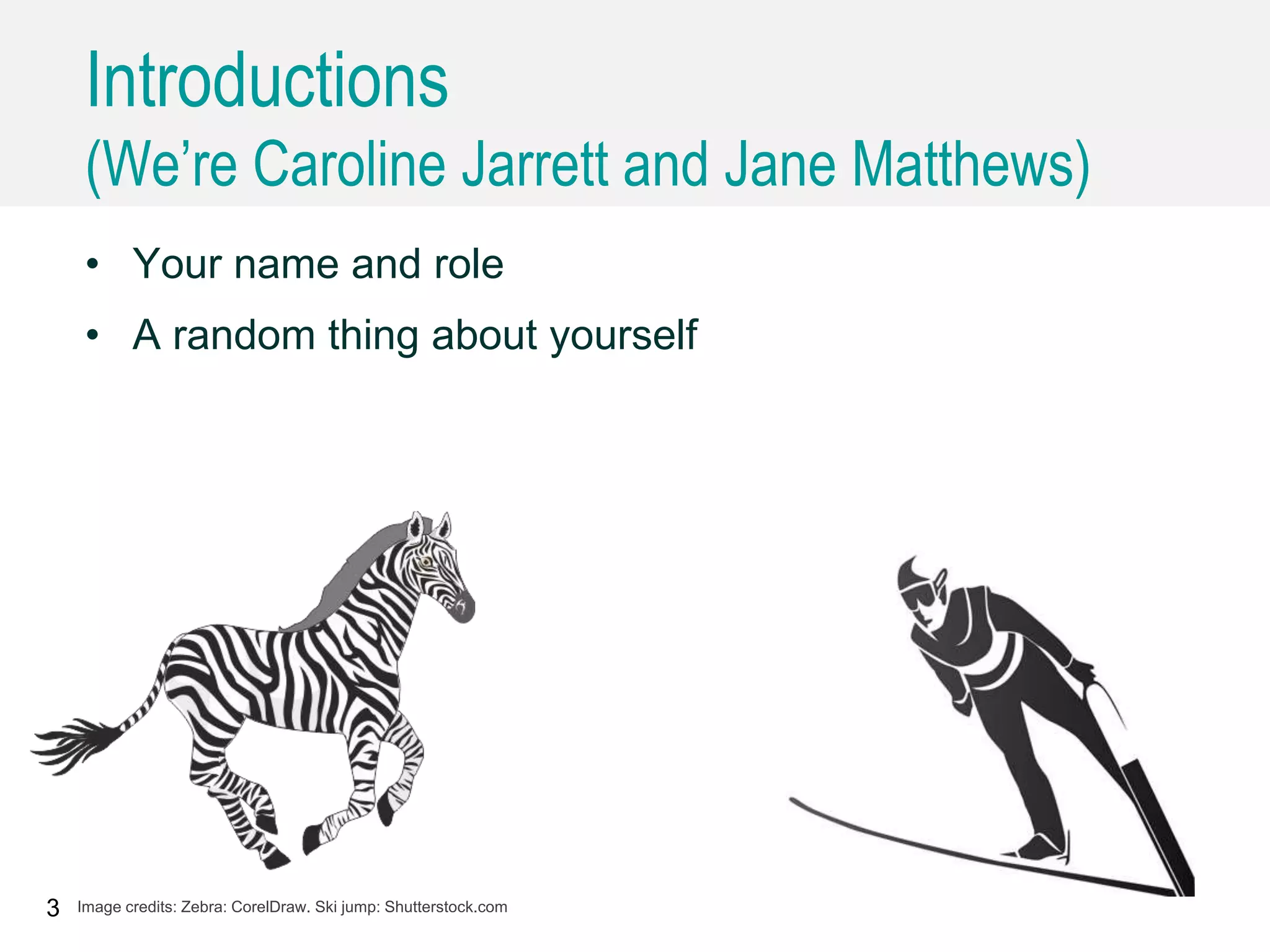 3 Image credits: Zebra: CorelDraw. Ski jump: Shutterstock.com
• Your name and role
• A random thing about yourself
Introductions
(We’re Caroline Jarrett and Jane Matthews)
 