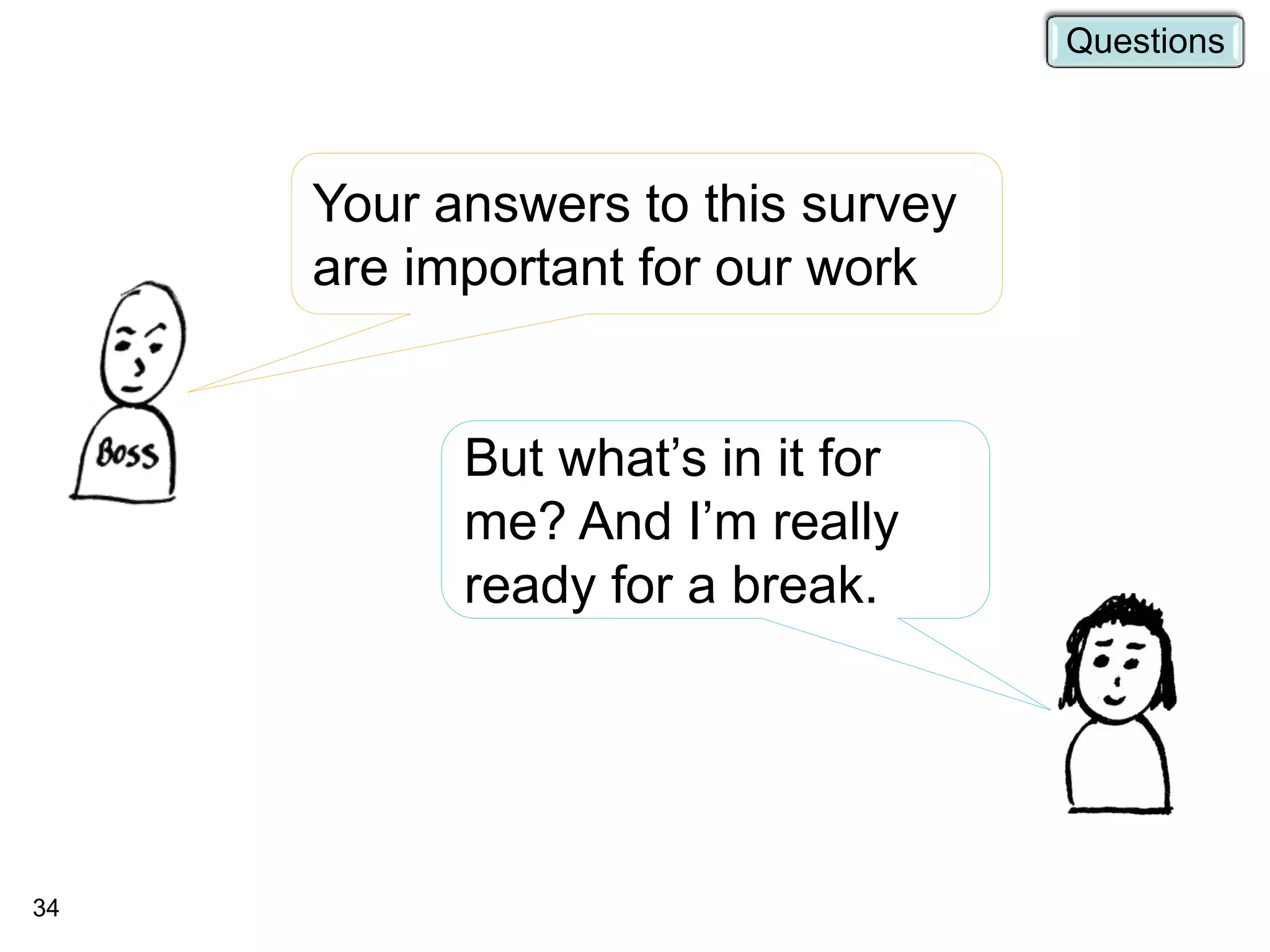 34
But what’s in it for
me? And I’m really
ready for a break.
Your answers to this survey
are important for our work
Questions
 