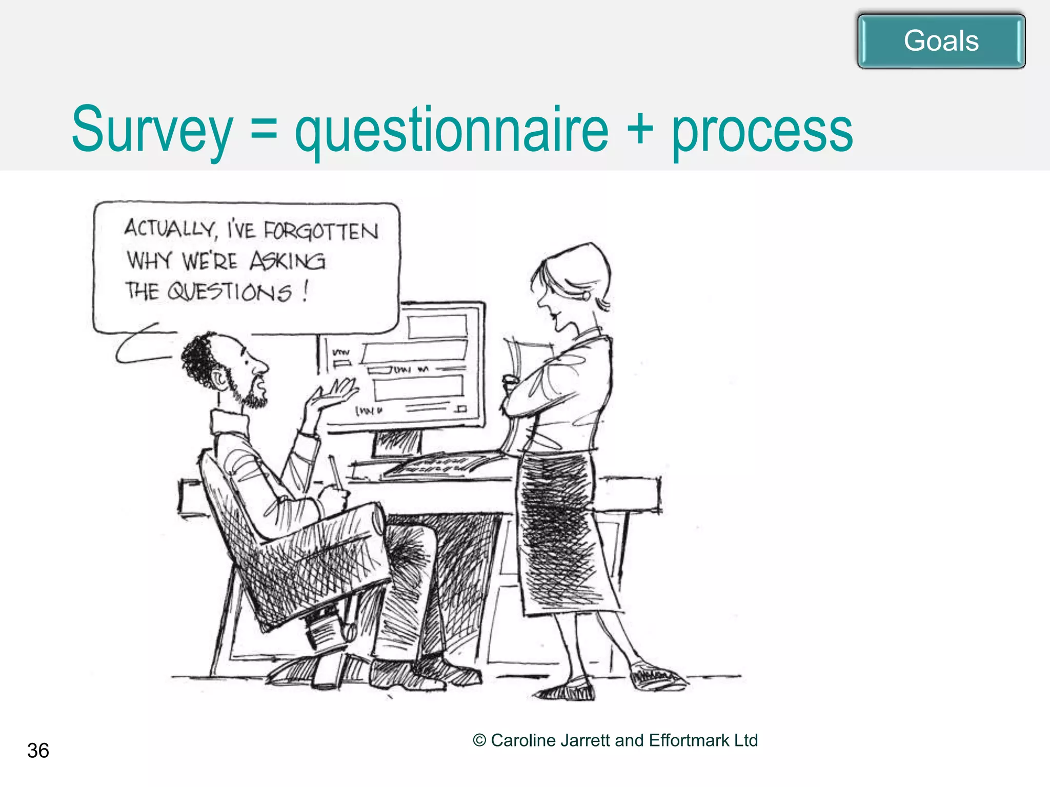 36
© Caroline Jarrett and Effortmark Ltd
Survey = questionnaire + process
Goals
 