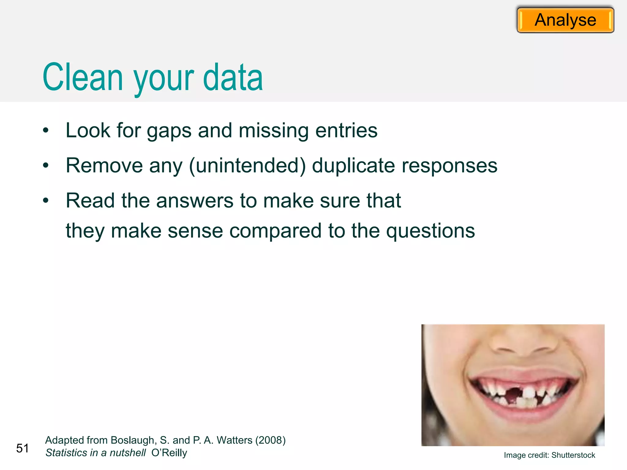 51
Adapted from Boslaugh, S. and P. A. Watters (2008)
Statistics in a nutshell O’Reilly Image credit: Shutterstock
Analyse
• Look for gaps and missing entries
• Remove any (unintended) duplicate responses
• Read the answers to make sure that
they make sense compared to the questions
Clean your data
 