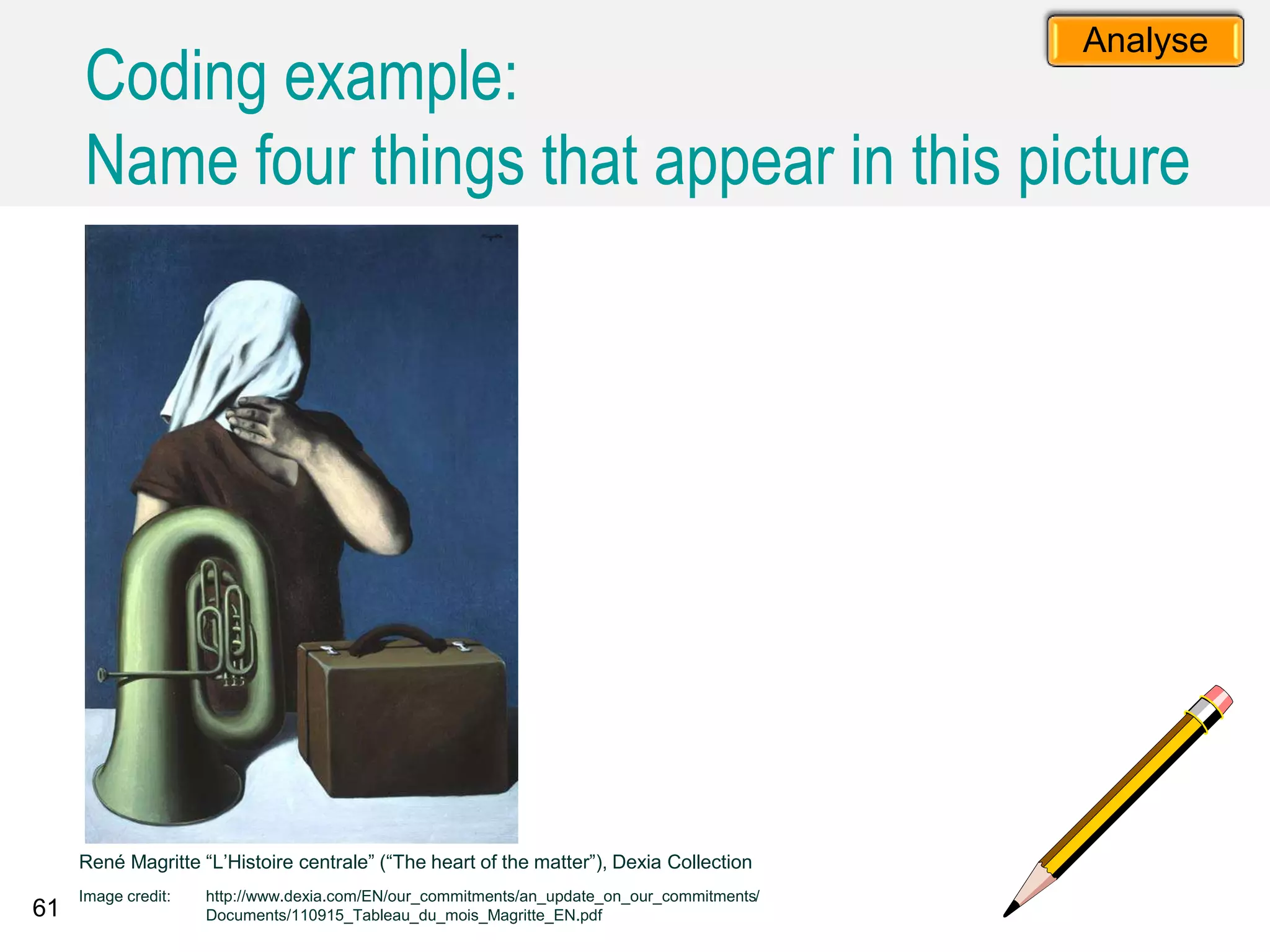 61
Image credit: http://www.dexia.com/EN/our_commitments/an_update_on_our_commitments/
Documents/110915_Tableau_du_mois_Magritte_EN.pdf
René Magritte “L’Histoire centrale” (“The heart of the matter”), Dexia Collection
Coding example:
Name four things that appear in this picture
Analyse
 