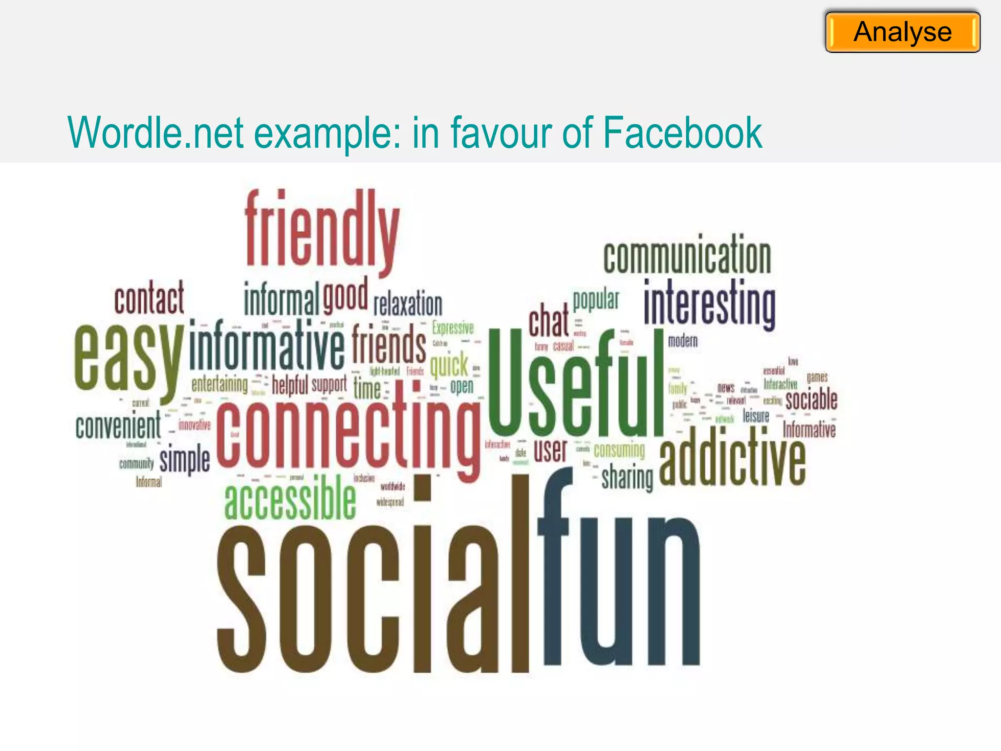 Wordle.net example: in favour of Facebook
Analyse
 