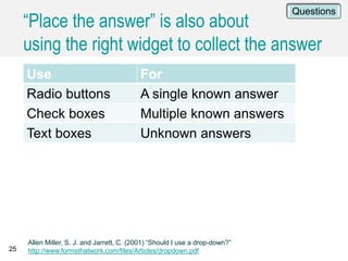 “Place the answer” is also about
using the right widget to collect the answer
Use For
Radio buttons A single known answer
Check boxes Multiple known answers
Text boxes Unknown answers
25
Allen Miller, S. J. and Jarrett, C. (2001) “Should I use a drop-down?”
http://www.formsthatwork.com/files/Articles/dropdown.pdf
Questions
 