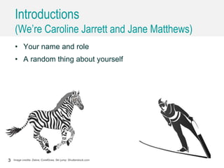 3 Image credits: Zebra: CorelDraw. Ski jump: Shutterstock.com
• Your name and role
• A random thing about yourself
Introductions
(We’re Caroline Jarrett and Jane Matthews)
 