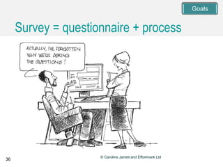 36
© Caroline Jarrett and Effortmark Ltd
Survey = questionnaire + process
Goals
 