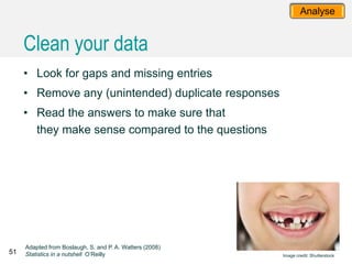 51
Adapted from Boslaugh, S. and P. A. Watters (2008)
Statistics in a nutshell O’Reilly Image credit: Shutterstock
Analyse
• Look for gaps and missing entries
• Remove any (unintended) duplicate responses
• Read the answers to make sure that
they make sense compared to the questions
Clean your data
 