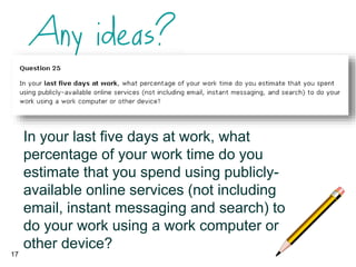 17
In your last five days at work, what
percentage of your work time do you
estimate that you spend using publicly-
available online services (not including
email, instant messaging and search) to
do your work using a work computer or
other device?
 