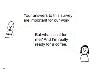 35
Your answers to this survey
are important for our work
But what’s in it for
me? And I’m really
ready for a coffee.
 