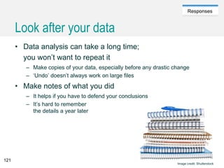 Caroline Jarrett @cjforms (CC) BY SA-4.0
Responses
Look after your data
• Data analysis can take a long time;
you won’t want to repeat it
– Make copies of your data, especially before any drastic change
– ‘Undo’ doesn’t always work on large files
• Make notes of what you did
– It helps if you have to defend your conclusions
– It’s hard to remember
the details a year later
Image credit: Shutterstock
121
 