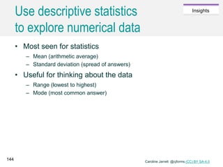 Caroline Jarrett @cjforms (CC) BY SA-4.0
Insights
Use descriptive statistics
to explore numerical data
• Most seen for statistics
– Mean (arithmetic average)
– Standard deviation (spread of answers)
• Useful for thinking about the data
– Range (lowest to highest)
– Mode (most common answer)
144
 