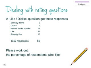 Insights
A ‘Like / Dislike’ question got these responses
Strongly dislike 2
Dislike 6
Neither dislike nor like 14
Like 31
Strongly like 13
Total responses 66
Please work out:
the percentage of respondents who ‘like’
145
 