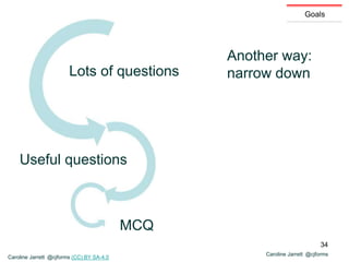 Caroline Jarrett @cjforms
Goals
Another way:
narrow downLots of questions
Useful questions
MCQ
Caroline Jarrett @cjforms (CC) BY SA-4.0
34
 