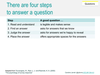 Caroline Jarrett @cjforms (CC) BY SA-4.0
Questions
There are four steps
to answer a question
Step A good question …
1. Read and understand is legible and makes sense
2. Find an answer asks for answers that we know
3. Judge the answer asks for answers we’re happy to reveal
4. Place the answer offers appropriate spaces for the answers
Adapted from Tourangeau, R., Rips, L. J. and Rasinski, K. A. (2000)
“The psychology of survey response”
 
