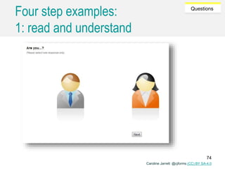 Caroline Jarrett @cjforms (CC) BY SA-4.0
Questions
Four step examples:
1: read and understand
74
 