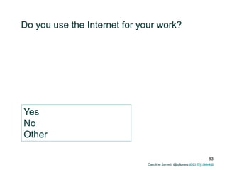 Caroline Jarrett @cjforms
Do you use the Internet for your work?
Yes
No
Other
Caroline Jarrett @cjforms (CC) BY SA-4.0
83
 