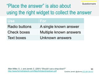 Caroline Jarrett @cjforms (CC) BY SA-4.0
Questionnaire
“Place the answer” is also about
using the right widget to collect the answer
Use For
Radio buttons A single known answer
Check boxes Multiple known answers
Text boxes Unknown answers
Allen Miller, S. J. and Jarrett, C. (2001) “Should I use a drop-down?”
http://www.formsthatwork.com/files/Articles/dropdown.pdf
90
 