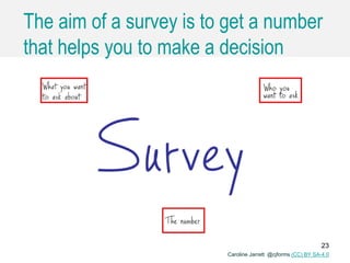 Caroline Jarrett @cjforms (CC) BY SA-4.0
The aim of a survey is to get a number
that helps you to make a decision
23
 
