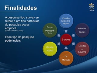 PUC-SP
MACEDO e FRANCO, 2013.
A pesquisa tipo survey se
refere a um tipo particular
de pesquisa social
empírica.
(BABBIE, 1999; MAY, 2004).
Esse tipo de pesquisa
pode incluir:
Finalidades
Survey
Estudos
Epidemio-
lógicos
Assuntos
Sociais
Estudos
do
Governo
De
Mercado
Opinião
Pública
Censos
Demográ-
ficos
 