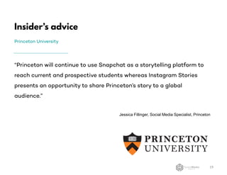 Insider’s advice
Princeton University
19
“Princeton will continue to use Snapchat as a storytelling platform to
reach current and prospective students whereas Instagram Stories
presents an opportunity to share Princeton’s story to a global
audience.”
Jessica Fillinger, Social Media Specialist, Princeton
 