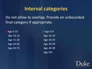 Interval categories
Do not allow to overlap. Provide an unbounded
final category if appropriate.
X Age 0-10 O Age 0-9
Age 10-15 Age 10-19
Age 15-20 Age 20-29
Age 20-50 Age 30-39
Age 50-75 Age 40-49
Age 50+
 