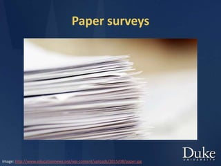 Paper surveys
Image: http://www.educationnews.org/wp-content/uploads/2015/08/paper.jpg
 