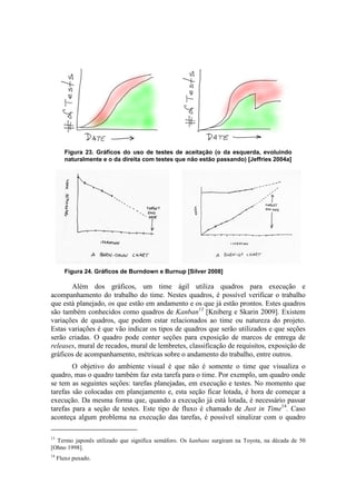 Figura 23. Gráficos do uso de testes de aceitação (o da esquerda, evoluindo
        naturalmente e o da direita com testes que não estão passando) [Jeffries 2004a]




        Figura 24. Gráficos de Burndown e Burnup [Silver 2008]

       Além dos gráficos, um time ágil utiliza quadros para execução e
acompanhamento do trabalho do time. Nestes quadros, é possível verificar o trabalho
que está planejado, os que estão em andamento e os que já estão prontos. Estes quadros
são também conhecidos como quadros de Kanban13 [Kniberg e Skarin 2009]. Existem
variações de quadros, que podem estar relacionados ao time ou natureza do projeto.
Estas variações é que vão indicar os tipos de quadros que serão utilizados e que seções
serão criadas. O quadro pode conter seções para exposição de marcos de entrega de
releases, mural de recados, mural de lembretes, classificação de requisitos, exposição de
gráficos de acompanhamento, métricas sobre o andamento do trabalho, entre outros.
        O objetivo do ambiente visual é que não é somente o time que visualiza o
quadro, mas o quadro também faz esta tarefa para o time. Por exemplo, um quadro onde
se tem as seguintes seções: tarefas planejadas, em execução e testes. No momento que
tarefas são colocadas em planejamento e, esta seção ficar lotada, é hora de começar a
execução. Da mesma forma que, quando a execução já está lotada, é necessário passar
tarefas para a seção de testes. Este tipo de fluxo é chamado de Just in Time14. Caso
aconteça algum problema na execução das tarefas, é possível sinalizar com o quadro

13
  Termo japonês utilizado que significa semáforo. Os kanbans surgiram na Toyota, na década de 50
[Ohno 1998].
14
     Fluxo puxado.
 