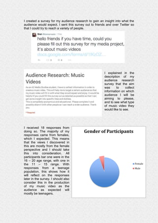 I created a survey for my audience research to gain an insight into what the 
audience would expect. I sent this survey out to friends and over Twitter so 
that I could try to reach a variety of people. 
I explained in the 
description of my 
audience research 
survey that the aim 
was to collect 
information on which 
audience I will be 
aiming to please, 
and to see what type 
of music video they 
would like to see. 
I received 18 responses from 
doing so. The majority of my 
responses came from females, 
which I expected. This means 
that the views I discovered in 
this are mostly from the female 
perspective and I should take 
this into consideration. All 
participants bar one were in the 
16 – 20 age range, with one in 
the 11 – 15 range. With 
responses from a teenage 
population, this shows how it 
will reflect on the responses 
later in the survey. I should also 
consider this in the production 
of my music video as the 
audience as expected will 
mostly be teenagers. 
Gender of Participants 
Female 
Male 
 