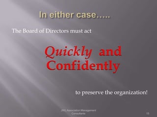The Board of Directors must act



            Quickly and
            Confidently
                             to preserve the organization!


                   JWL Association Management
                          Consultants                    15
 