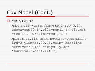 Cox Model (Cont.)
 For Baseline
pbc.null-data.frame(age=rep(0,1),
edema=rep(0,1),bili=rep(1,1),albumin
=rep(1,1),protime=rep(1,1))
=rep(1,1),protime=rep(1,1))
plot(survfit(cfit,newdata=pbc.null),
lwd=2,ylim=c(.99,1),main='baseline
survivor‘,xlab ='Days',ylab=
'Survival',conf.int=T)
 
