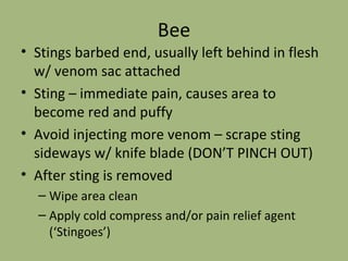 Bee Stings barbed end, usually left behind in flesh w/ venom sac attached Sting – immediate pain, causes area to become red and puffy Avoid injecting more venom – scrape sting sideways w/ knife blade (DON’T PINCH OUT) After sting is removed Wipe area clean Apply cold compress and/or pain relief agent (‘Stingoes’) 