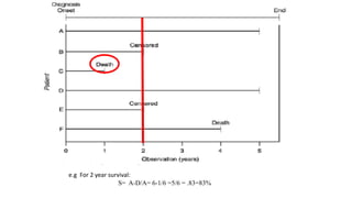 e.g For 2 year survival: 
S= A-D/A= 6-1/6 =5/6 = .83=83% 
 