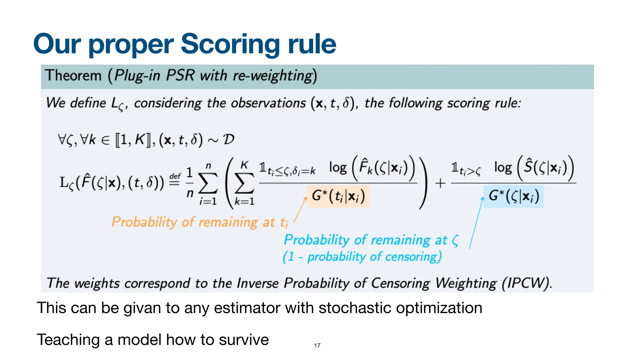 Our proper Scoring rule
This can be givan to any estimator with stochastic optimization
Teaching a model how to survive 17
 